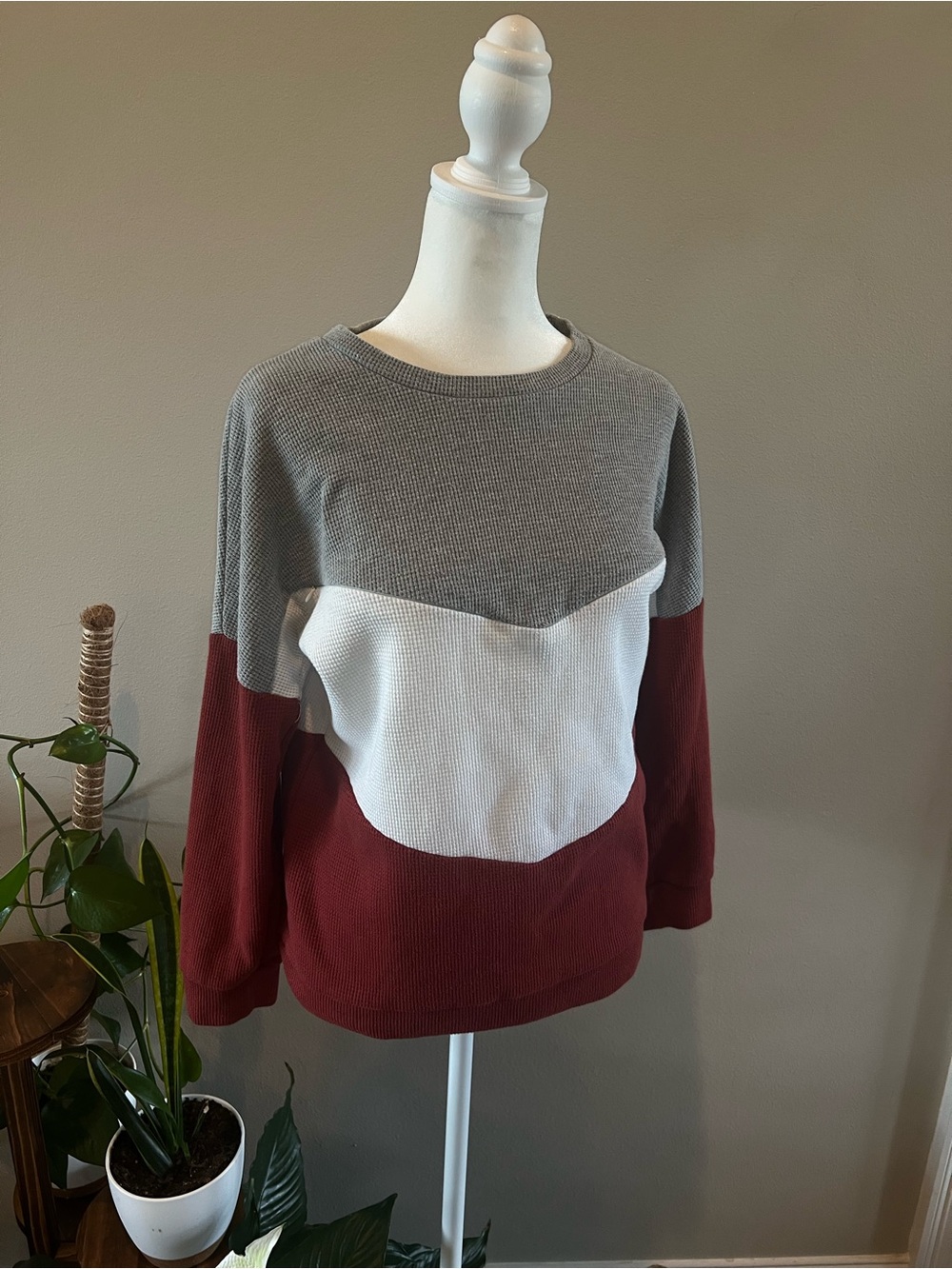 Women’s Colorblock Breastfeeding Waffle-Knit Sweater - Gray, White & Burgundy - Picture 1 of 9